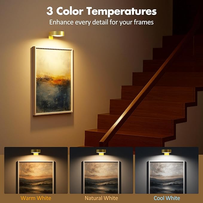 6Pcs Battery Operated Picture Light, Magnetic Led Painting Light with Remote Dimmable and Timer, 3 Lighting Modes Art Display Light for Picture Frame Paintings, Wireless Wall Decor Puck Lights, Gold