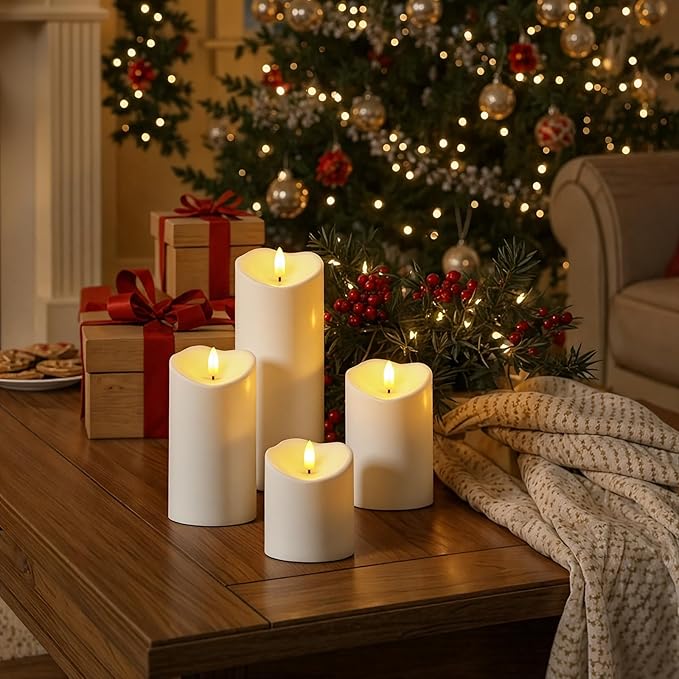 Raycare 3"x4"6" 8" Outdoor Waterproof Flameless Candles, Battery Operated LED Candles with Remote Control and Timer, Electric Fake Plastic Pillar Candles, Ivory White, Set of 3