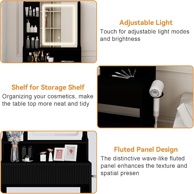 YOURLITE Fluted Makeup Vanity Desk with Mirror and Lights, 24" Small Vanity Table Set with LED Mirror & Stool, Dressing Table for Bedroom