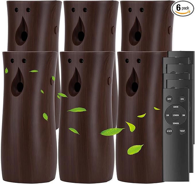 6-Pack Automatic Air Freshener Spray Dispenser with Remote Control,Wall Mounted/Free Standing for Commercial Use,Multiple Time Scent/Mist Release Settings for Room/Restroom (WOOD, standard)