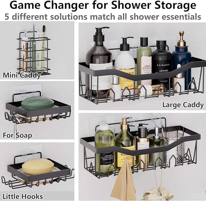 XLHOMO Bathroom Accessories Set - Gorgeous Bathroom Set, 28PC White Bathroom Accessory Set, Shower Curtain with 5PC Adhesive Corner Shower Caddy Hanging, Toilet Brush, Trash Can & Soap Dispenser