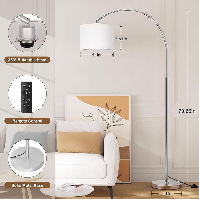 Ambimall Dimmable Arc Floor Lamp with Remote, Color Temperatures and Brightness Adjustable, Arched Floor Lamp with Rotating Head, Over Couch Arched Reading Light for Living Room (White and Silver)