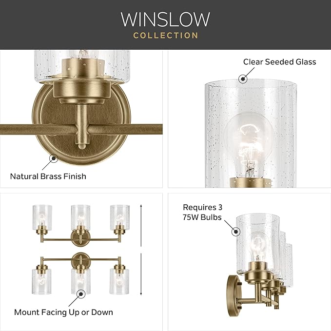 Kichler Winslow 21.5" 3-Light Vanity Light with Clear Seeded Glass in Natural Brass for Vanity, Luxe Industrial, (21.5" x 9.25"), 45886NBR
