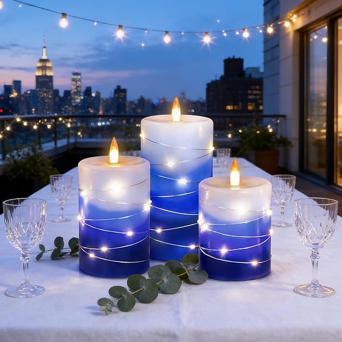 Flameless Candles with String Lights, Battery Operated Candles with Remote Control and Timer,Flickering LED Pillar Candles for Home Decoration,Real Wax, Gradient Blue (3-Pack)