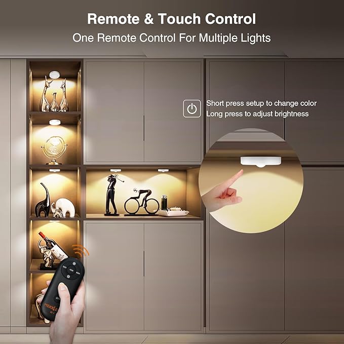 Puck Lights with Remote Control Rechargeable,Wireless Under Cabinet Lighting,2000mAh Battery Operated Tap Push Touch Lights,Stick On Lights for Counter,Shelf,Bookcase (White, 3 Pcs)
