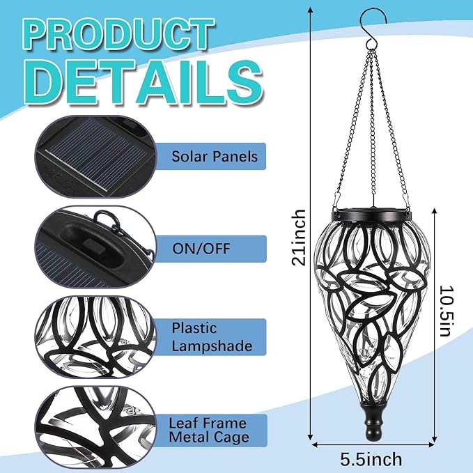 2 Set Solar Hanging Lantern Lights Outdoor Chandelier Moroccan Hanging Solar Light Tear-Shaped 15 LEDs Cool White with S Hooks for Summer Garden Yard Pathway Landscape Porch Decor(Transparent)