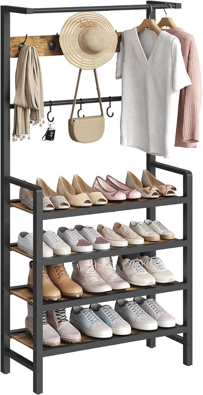 Hall Tree, Coat and Shoe Rack, Entryway Coat Rack with 4-Tier Wooden Shoe Rack and 10 Hooks, Freestanding Hall Tree with Shoe Storage for Entryway, Hallway, Rustic Brown and Black MT09BR