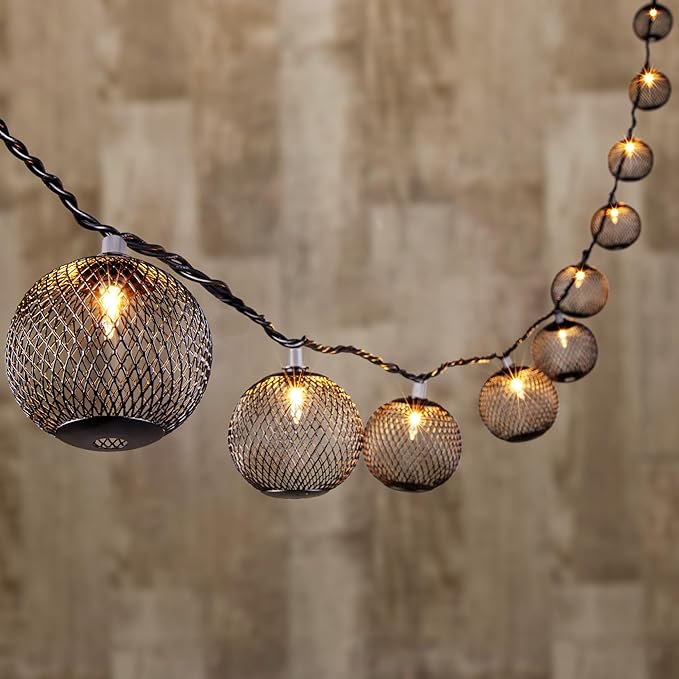 Decorative Lantern String Lights Plug in with 10 Black Metal Ball, Connectable Waterproof Outdoor Decorative String Lights Indoor for Bedroom Patio Pergola Decor