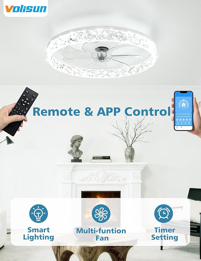 VOLISUN Low Profile Ceiling Fan with Lights and Remote, 20in Modern Ceiling Fans Flush Mount, 3000K-6500K Dimmable Bladeless LED Fan Light, White Fandelier Ceiling Fans with Lights for Bedroom