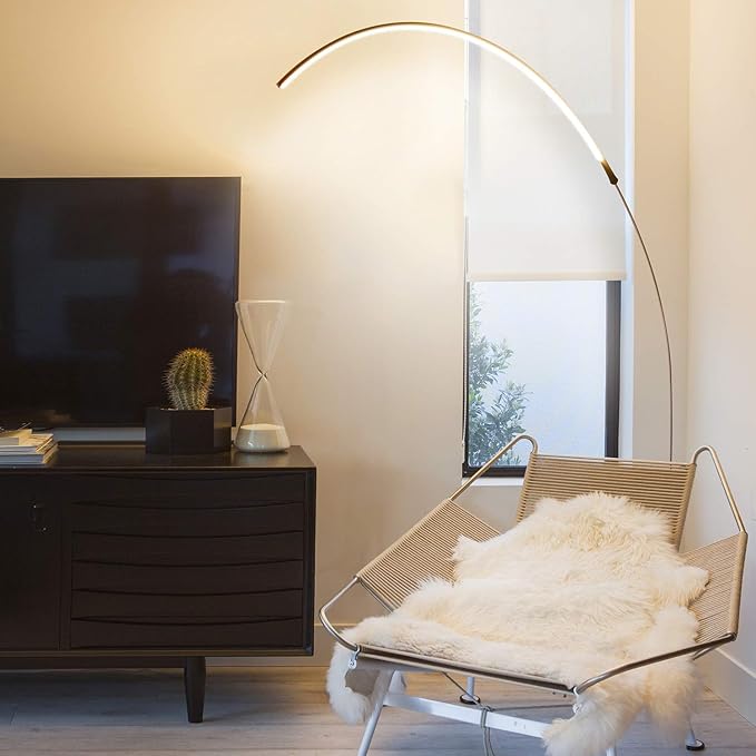 Brightech Sparq Arc Floor Lamp - Sleek, Minimalist Curved LED Standing Lamp for Living Room, Office Desk, Arches Over Bed and Sofa for Reading, Bright & Dimmable Task Light - Silver