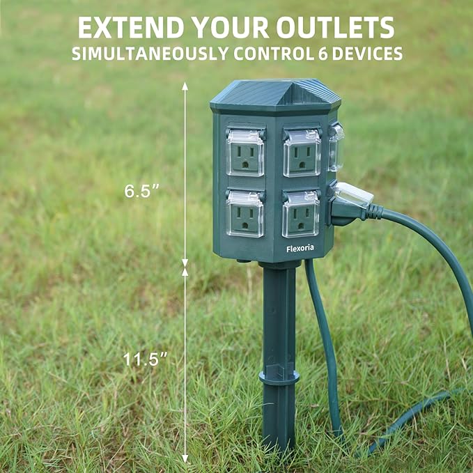 Outdoor Power Stake Timer, Remote Control Dusk to Dawn Light Timer, 50FT Extension Cord Waterproof, 6 Grounded Outlets for Graden and Yard Decorations, ETL Listed