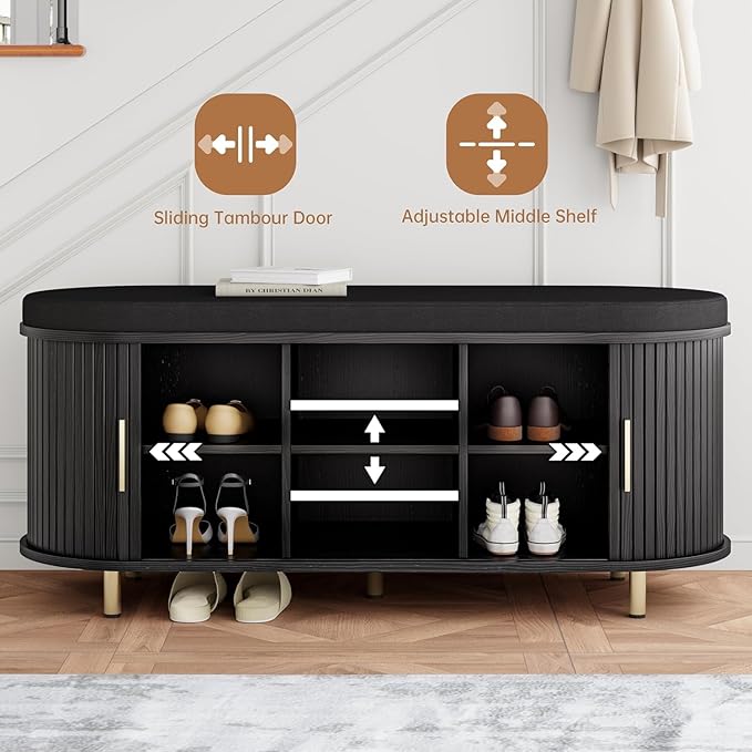 Entryway Bench with Storage: 43.31" Wooden Bedroom Shoe Bench with Thickened Padded Seat Cushion, Mid Century Modern Fluted Sliding Door and Adjustable Shelf, for Entryway, Living Room