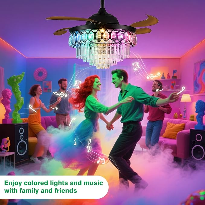 Lightree 42 Inch Black Fandelier Ceiling Fan with App Remote Control and Bluetooth Speaker,RGB LED Light Retractable Smart Ceiling Fan 6 Speed Timer Bluetooth Chandelier Fan for Bedroom Living Room