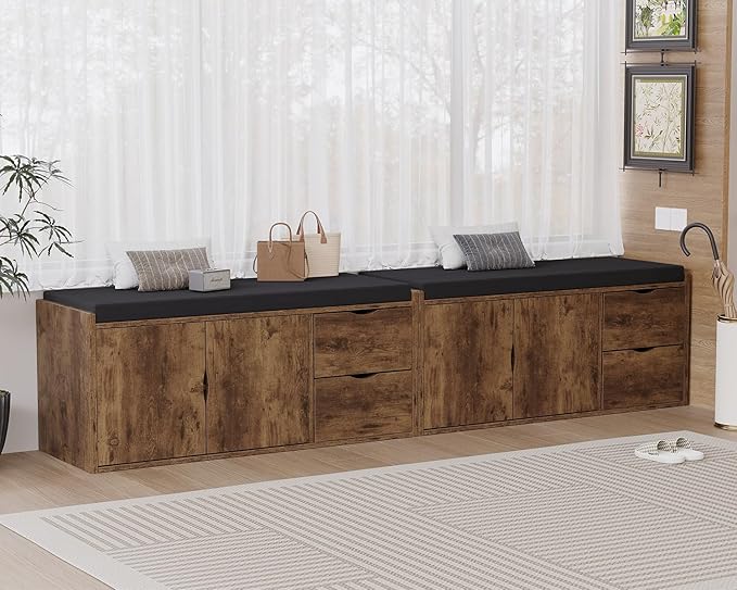 LVB Entryway Shoe Bench, Rustic Storage Bench with Cushioned Seating, Long Hidden Shoe Organizer Bench with 2 Drawers, Industrial Wooden Shoe Benchs in Hallway Living Room Bedroom, Rustic Brown, 40in