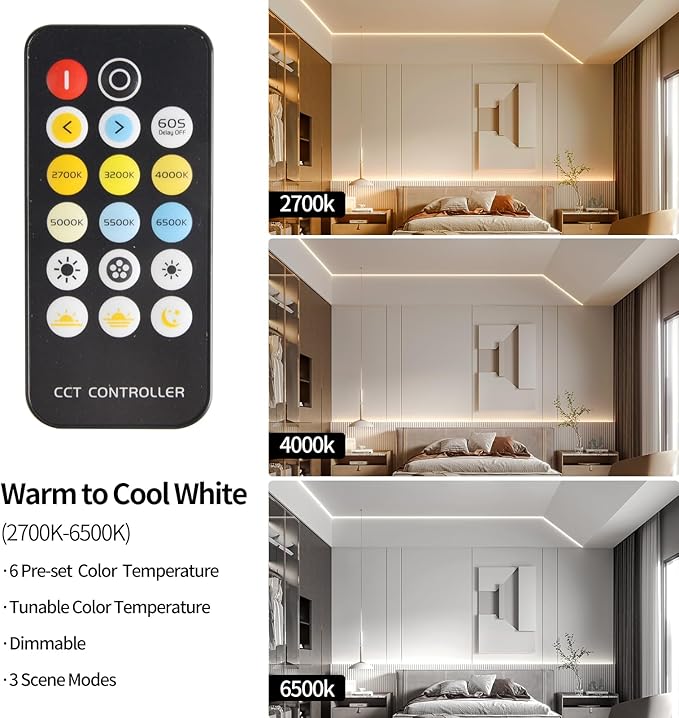 CCT COB LED Strip Lights, Tunable White Dimmable 2700K-6500K, 24V LED Tape Light Kit 9.8ft/3m, High Density CRI90+with UL-Listed Adapter, for Under Cabinet Lighting, Kitchen,Bedroom, Office, DIY