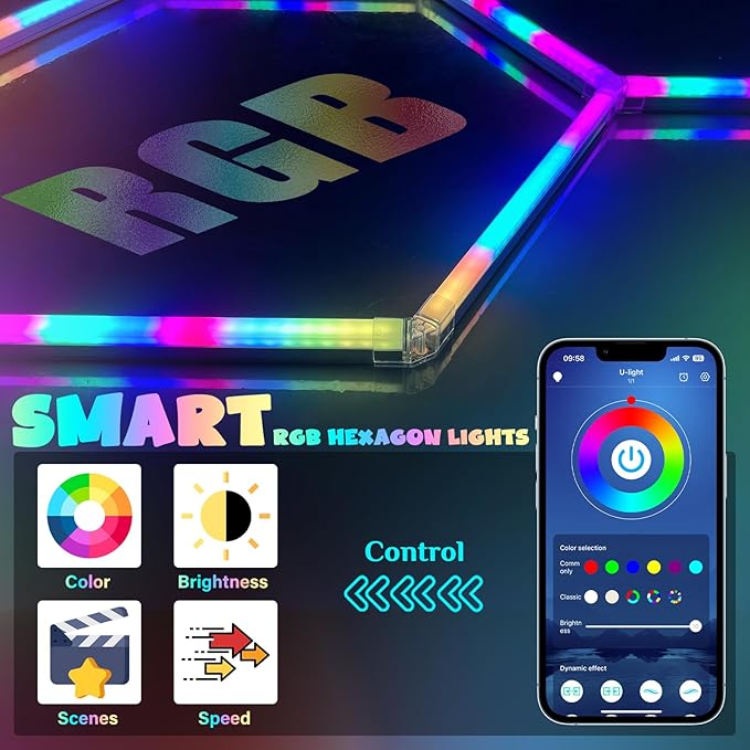 Hexagon RGB Garage Lights, Multicolor LED Lights with Music Sync, 358 Dynamic Effects, Dimmable & Speed Control for Gaming Rooms, Bars, Studios, Home Gyms