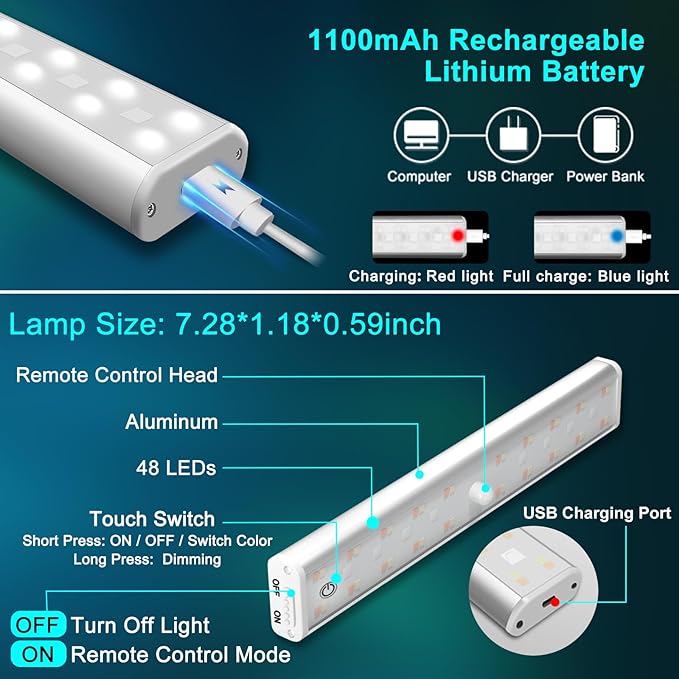 Under Cabinet Lighting Wireless Rechargeable Battery Operated LED Closet Lights Dimmable Under Counter Lights Bar with Remote, RGB Changing Perfect for Kitchen Bedroom Stairs, 6 Packs
