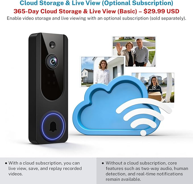 1080P Wireless Video Doorbell Camera, Battery Powered Door Chime, Night Vision, 2-Way Audio, Smart AI Human Detection, Cloud Storage, Home Security Door Bell