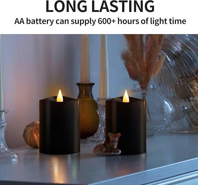 3x4 Flickering Flameless Candles Set of 2, 2AA Battery Life 600 Hours Battery Candles Flickering with Timer,4 inch Flameless Candles with Remote for Home Wedding Party Halloween Decoration, Black