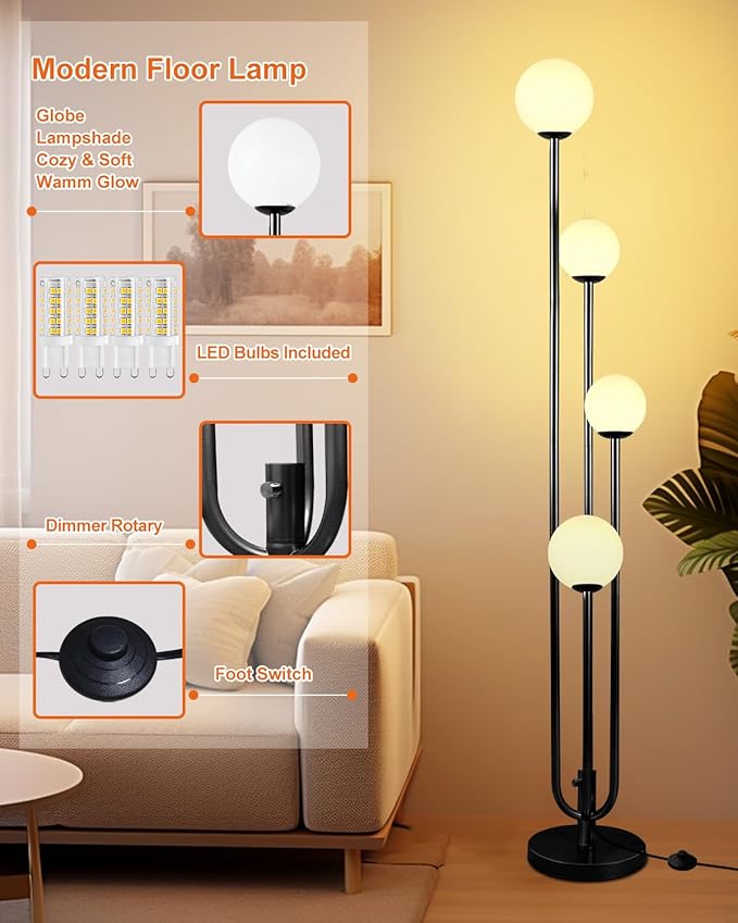 Lightdot Black Globe Floor Lamp 4-Lights Dimmable Floor Lamps with Tray 3000K Bulbs Included Unique Candle Standing Lamp for Living Room/Bedroom/Sofa Beside/Corner Decor