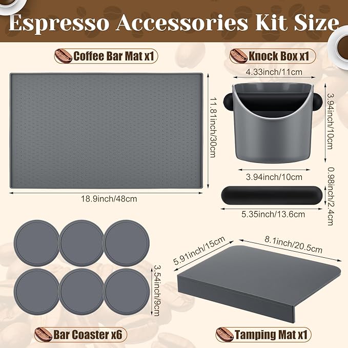 9 Pcs Espresso Knock Box Kit 18.9" x 11.8" Grey Silicone Coffee Mat Espresso Tamping Mat with Coffee Station Organizer Removable Rod 6 Coasters Under Machine Accessories Set for Home Barista