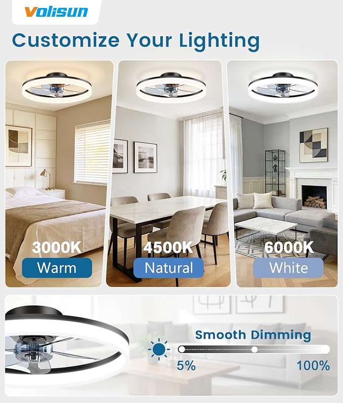 VOLISUN Low Profile Ceiling Fans with Lights and Remote, 20in Fandelier Ceiling Fan Flush Mount, 3000K-6500K Smart Bladeless LED Fan Light, Black Modern Ceiling Fans with Lights for Bedroom