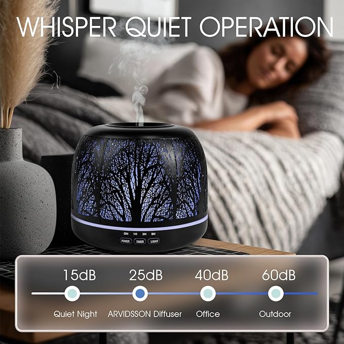 ARVIDSSON 500ml Essential Oil Diffuser, Metal Diffusers for Essential Oils, Aromatherapy Diffuser for Large Room, Color Mood Light & Mist Timer Setting, Gift for Women - Black Tree