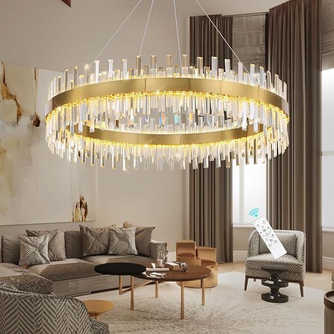 Glam Crystal Chandelier Interior Ring Chandeliers with Remote Dimmable LED Light Adjustable Hanging Lights Luxury Ceiling Pendant Lighting Fixtures for Living Dining Bedroom Foyer Gold Light
