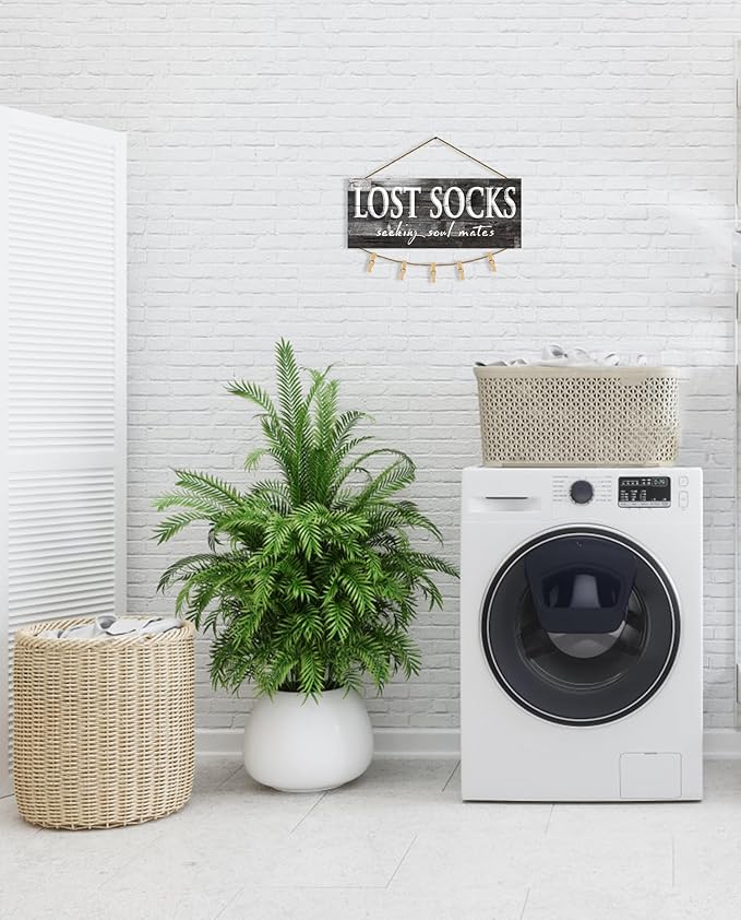 1 KINGO Laundry Lost Socks Rustic Sign Wall Decor for Washroom, Farmhouse Black Lost Socks Seeking Soul Mates Canvas Print Art, Rustic Plaque Bathroom Decoration 6" x 15"