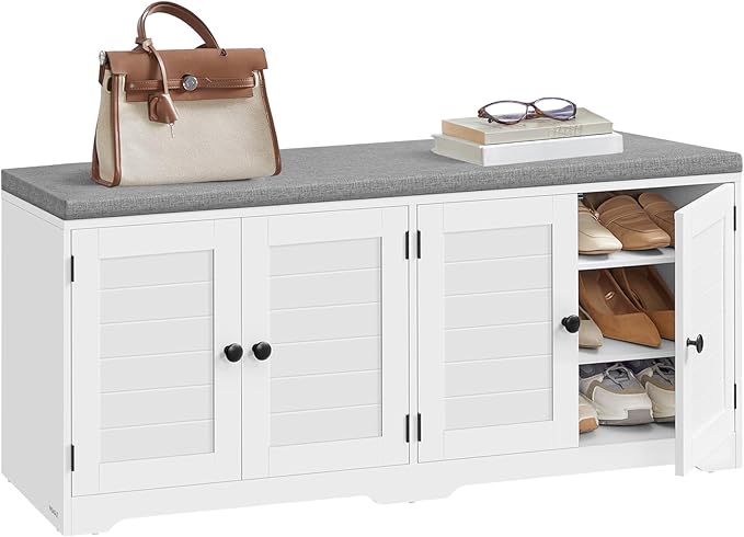 VASAGLE Shoe Storage Bench with Cushion, 3-Tier Entryway Bench with Padded Seat, Doors, Adjustable Shelves, 14 x 47.6 x 20.7 Inches, for Hallway, Bedroom, Cloud White and Dove Gray ULSB048WB01