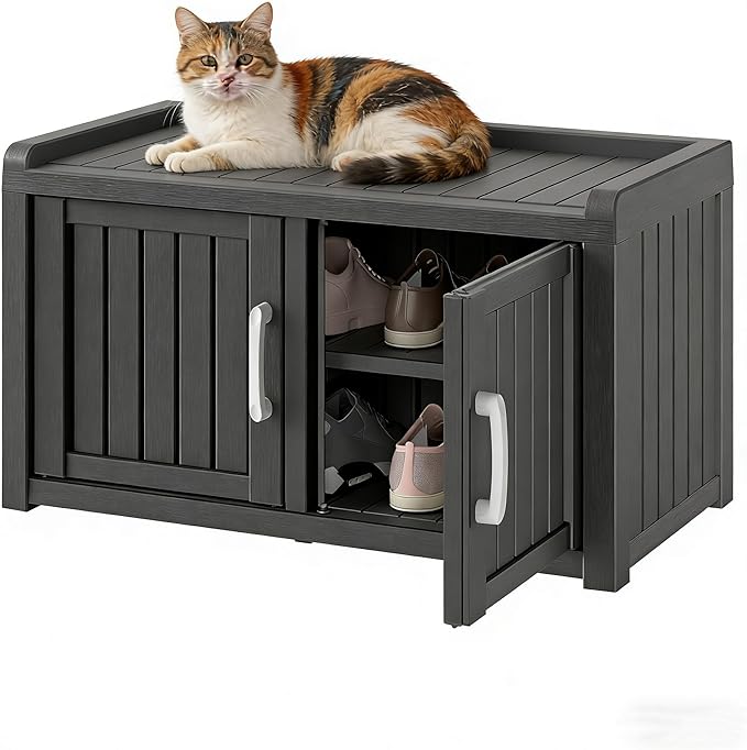 NUNU LAB Shoe Cabinet, Waterproof UV-Resistant Shoe Storage Cabinet with Adjustable Shelves, Entryway Shoe Organizer Bench with 2 Barn Doors for Foyer, Hallway, Living Room, Black