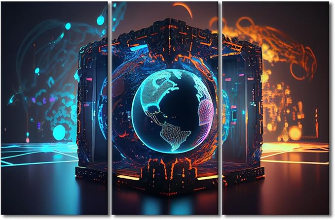 TUMOVO Modern Wall Decor Artificial Intelligence Wall Art 3 Piece Future Energy Power Technology and Internet Connection Canvas Printing Art for Bedroom Living Room Wall Decoration, 42" Wx28 H