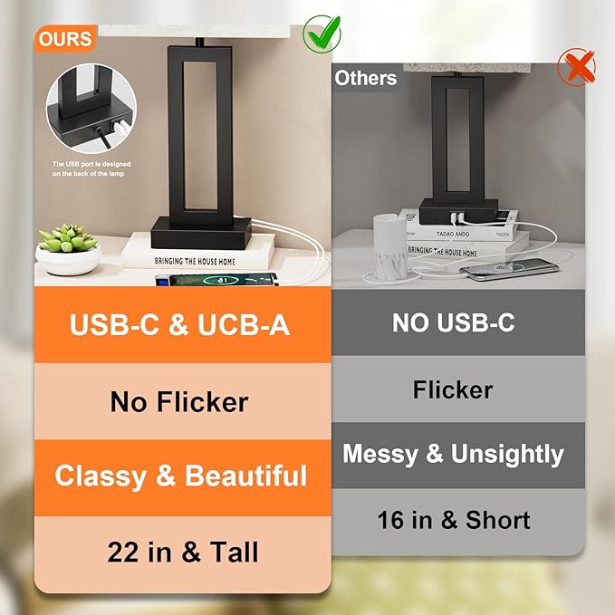 Seealle 22" Tall Living Room Lamps for Night Stands - Touch Bedside Lamp with USB C+A, 3 Way Dimmable Bedroom Lamps for End Tables Set of 2, Modern Night Stand Lamps for Bed Side(Cream&Black)