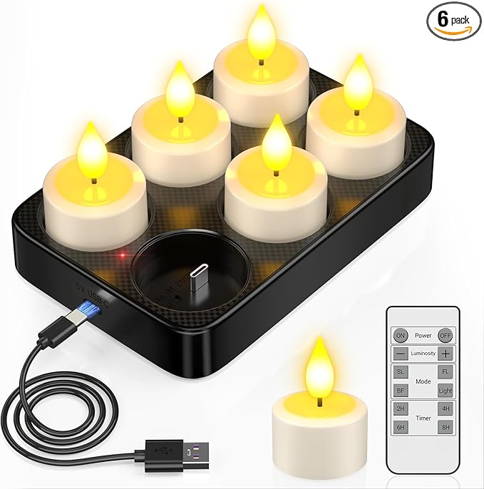 PChero 6 Pack Rechargeable Flameless Candles with Remote Timer & Charging Base, Battery Operated Tea Lights Candles -Realistic Flickering, LED Tealights for Home Wedding Halloween Fall Christmas Decor