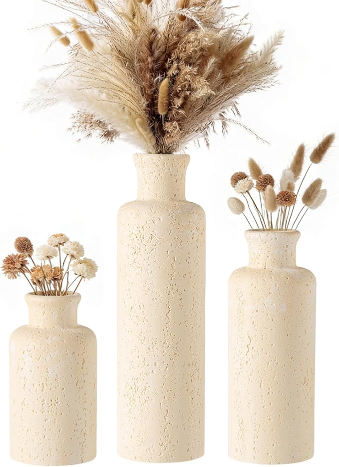Flower Vase Set, Stone Look, 3 PCS Small Decorative Bud Vases for Pampas Grass, Farmhouse Decor, Kitchen, Living Room, Bathroom, Bedroom, Office, Shelf Centerpiece Table Decoration (Yellow)