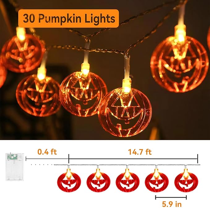 ITICdecor Halloween Pumpkin String Lights Battery Operated 15Ft 30 LED Orange Pumpkins Fairy Light Indoor Outdoor for Halloween Thanksgiving Fireplace Party Patio