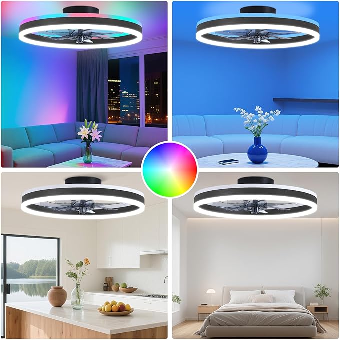 16 Inch RGB Low Profile Ceiling Fans with Lights, Modern Flush Mount Fandelier Chandelier Fixture, Remote & APP Control, Black LED Ceiling Fan Light for Bedroom, Living Room, Kitchen Indoor