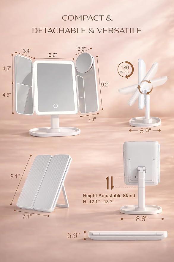 Lighted Makeup Vanity Mirror, Height Adjustable Trifold Mirror with Seamless Light Strip, 1X/2X/3X/10X Magnification, 2000mAh Rechargeable Desk Mirror, Dimmable 3 Color Lighting, Gifts for Mom Women