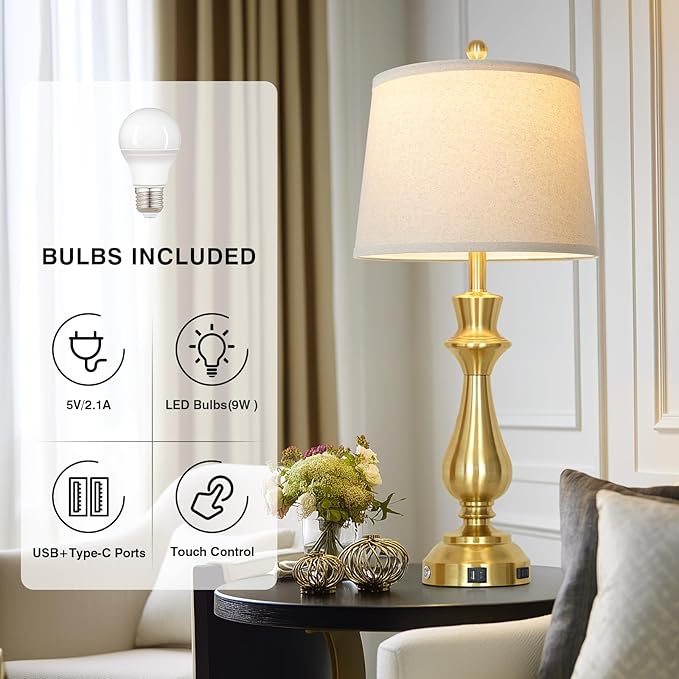 Touch lamp for Night Stands - 29.5" Tall Bedside Lamp with USB C+A, 3 Way Dimmable Bedroom Lamps, Gold Metal Table Lamps for Living Room, Single Gold