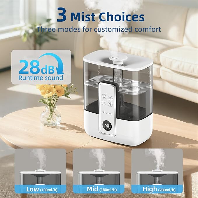 FLYMOON Humidifiers for Bedroom, 1.32 Gallon Top Fill Cool Mist Humidifiers for Large Room, 50H Runtime, 28 dB,12H Timer, App Control, Ultrasonic Humidifier for Plants, Baby, Indoor, Home, White