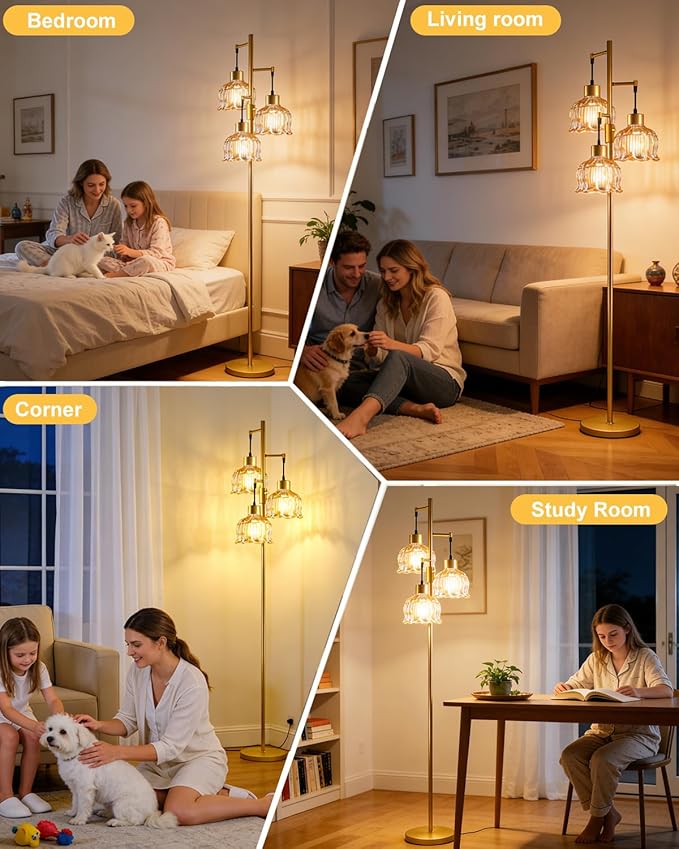 Gold Floor Lamps for Living Room, 3-Light Dimmable Floor Lamp with Brown Glass Shade& E12 Bulbs Included, 65'' Mid Century Tall Standing Lamp for Bedroom/Sofa Beside/Corner Decor