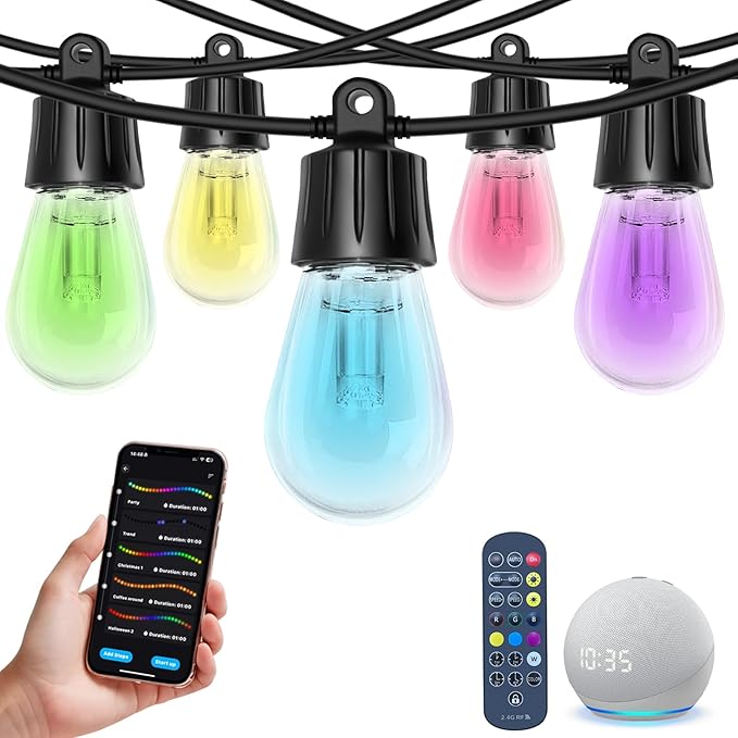 100ft String Lights for Outside, Smart RGB IC Warm White Patio Lights Outdoor Waterproof with Remote & App Control, Compatible with Alexa Great for Porch, Yard, Pergola