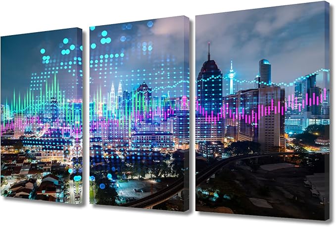 Stock Market Graph Hologram Night Panorama City View Canvas Paintings Canvas Wall Art 3 Panel Stock Market on Display Pictures Wall Art for Living Room Posters and Prints Ready to Hang (36"Wx24"H)