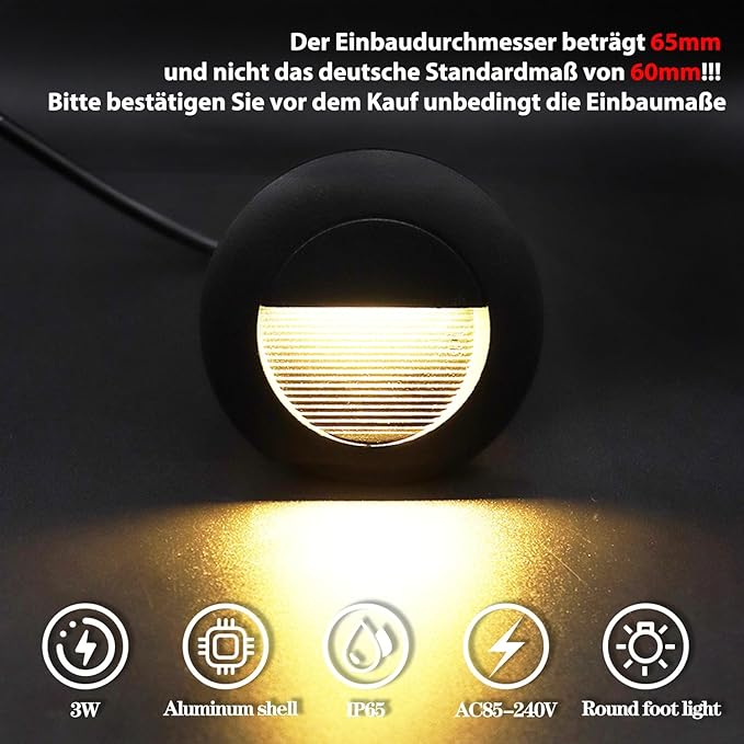 3W Recessed Wall Light, Round Stair Lights, Warm White Wall Light with Recessed Box, 230 V 65 mm Wall Lighting Aluminium Waterproof Staircase Recessed Step, Black (Pack of 4)