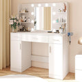 DUMOS Vanity Desk Makeup with Mirror LED Lights, White Table with Power Outlet 3 Drawer, 4 Storage Shelves & 2 Cabinets, 3 Lighting Modes & Adjustable Brightness, Dressing Tables for Bedroom