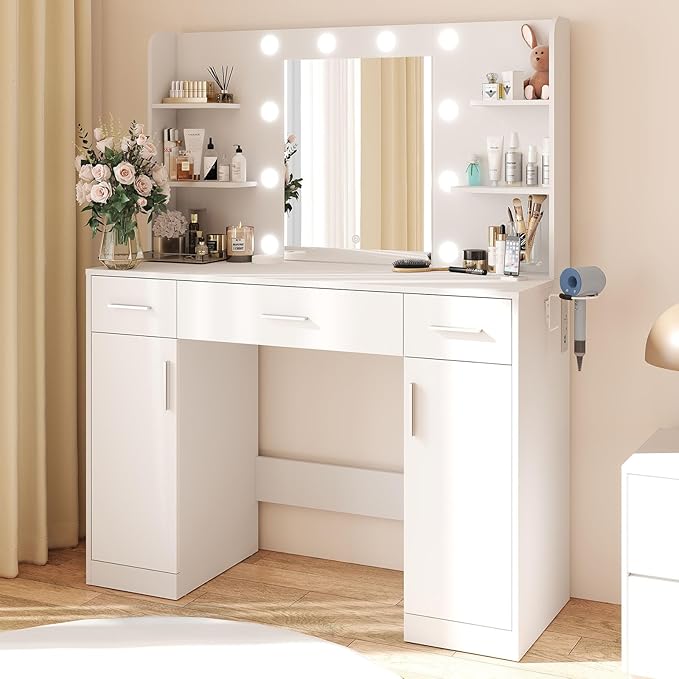DUMOS Vanity Desk Makeup with Mirror LED Lights, White Table with Power Outlet 3 Drawer, 4 Storage Shelves & 2 Cabinets, 3 Lighting Modes & Adjustable Brightness, Dressing Tables for Bedroom
