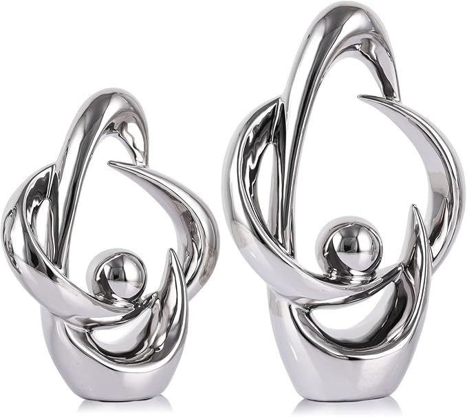 2PCS Home Decor Accent Ceramic Statue Abstract Sculptures Centerpieces Mid Century Modern Decor for Tables Coffee Table top Decorations for Living Room Desktop Shelf Dining Room Kitchen (Sliver)