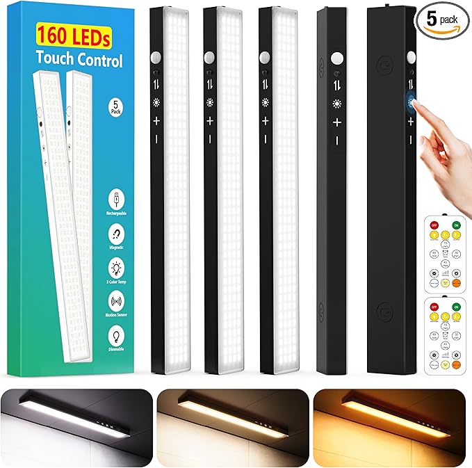 5Pack Touch Control Under Cabinet Lighting, 160LED Super Bright, 4000mAh Long-Lasting, Magnetic Rechargeable Motion Sensor Under Counter Lights for Kitchen, Closet, Remote, Dimmable, 3CCT丨Black