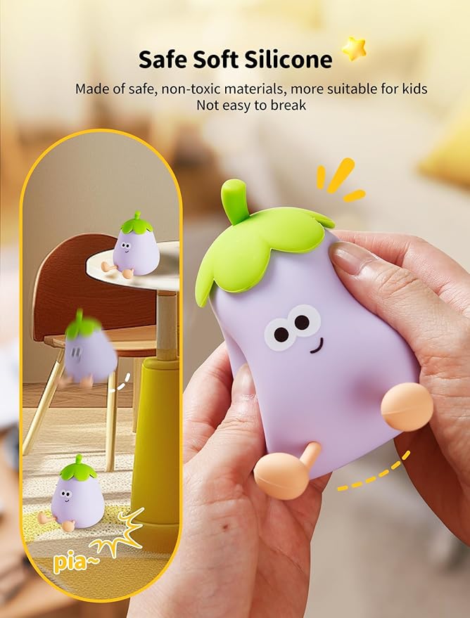 Eggplant Night Light for Kids, Nursery Night Lights, Bedside Touch Lamp, Cute Silicone Nightlight for Baby Boy Girl, 3 Level Dimmable Squishy Lamps Gift for Bedroom Kids Room Decor