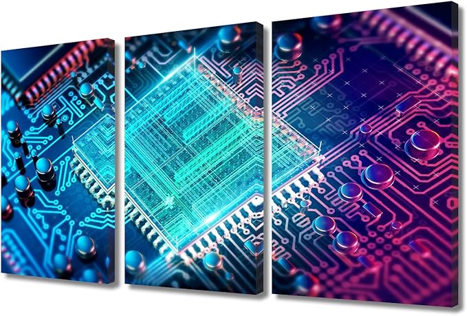 3 Panels Office Decor Wall Art Computer Processors CPU Circuit Board Black and White Wall Art CPU Concept for Living Room Bedroom Giclee Wooden Framed Gallery-Wrapped Ready to Hang(24" Wx36 H)